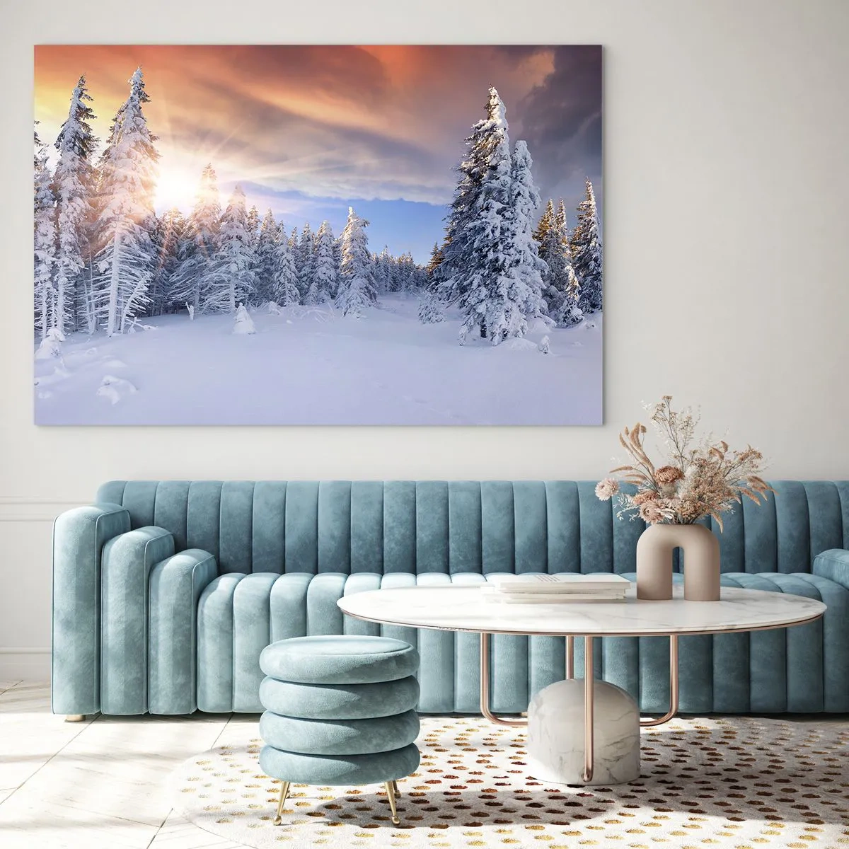 Obraz na szkle - Zimowy krajobraz z zaśnieżonymi drzewami o zachodzie słońca - 120x80cm - Snieżny spektakl natury - Nowoczesna dekoracja ścienna do salonu, kuchni i sypialni ARTTOR