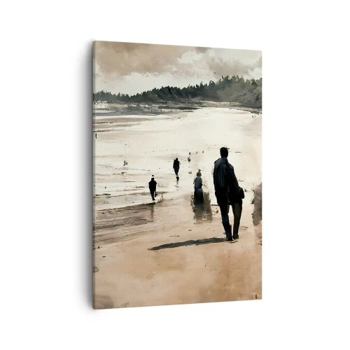 Obraz na płótnie - Malarska ilustracja spacerujących osób na plaży w stonowanych barwach - 50x70cm - Przywołani - Nowoczesna dekoracja ścienna do salonu, kuchni i sypialni ARTTOR