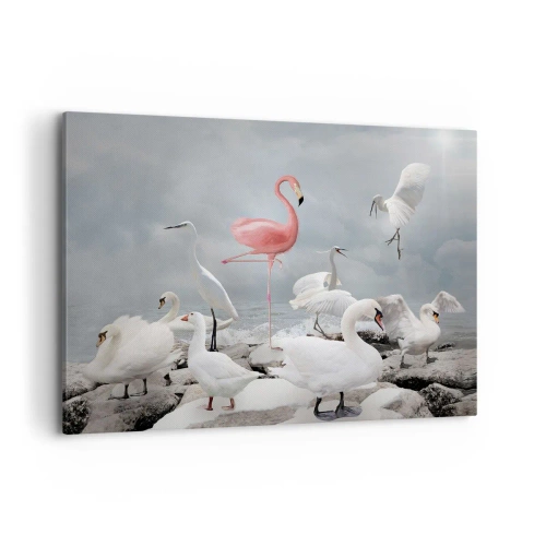Obraz na płótnie - Różowy flaming wśród białych łabędzi na tle jeziora - 100x70cm - Skąd się tu wziąłem? - Nowoczesna dekoracja ścienna do salonu, kuchni i sypialni ARTTOR