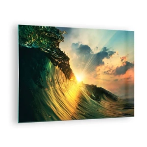 Obraz na szkle - Zachodzące słońce oświetlające fale oceanu - 70x50cm - Surferze, gdzie jesteś? - Nowoczesna dekoracja ścienna do salonu i sypialni ARTTOR