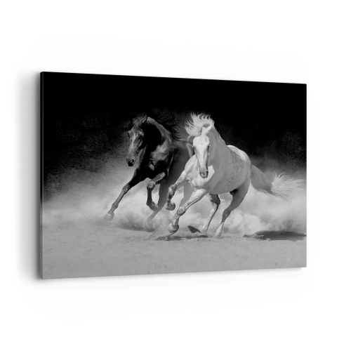 Obraz na płótnie - Biegnące konie w czerni i bieli - 100x70cm - Galop wolności - Nowoczesna dekoracja ścienna do salonu, kuchni i sypialni ARTTOR