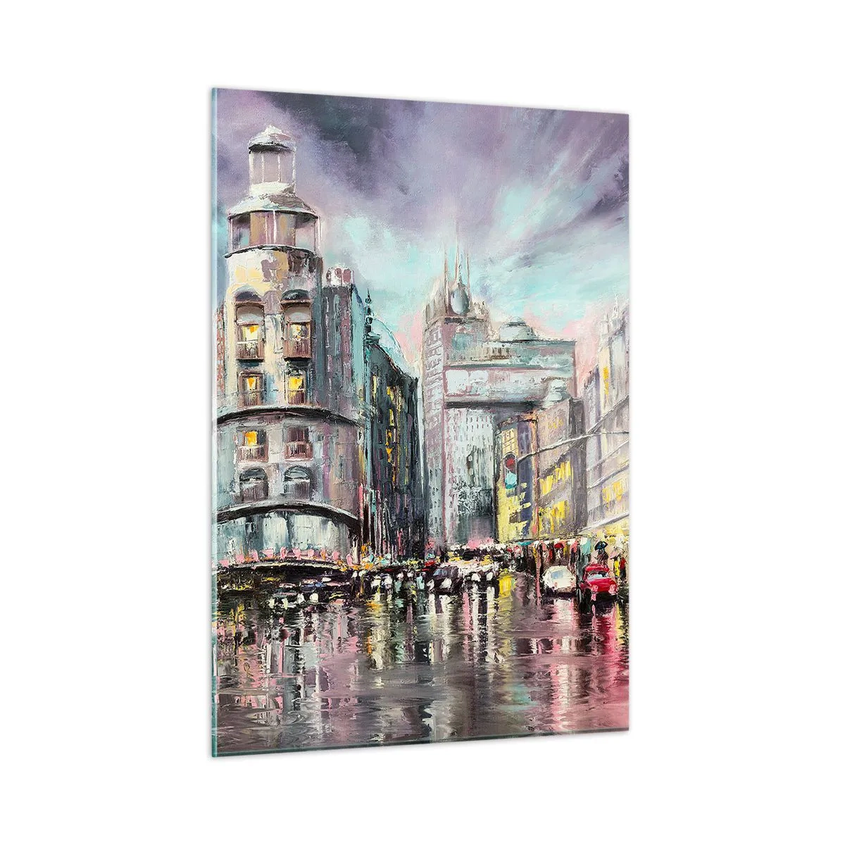 Obraz na szkle - Ulica miasta w deszczu z efektownym odbiciem świateł - 50x70cm - To będzie udany wieczór - Nowoczesna dekoracja ścienna do salonu, kuchni i sypialni ARTTOR