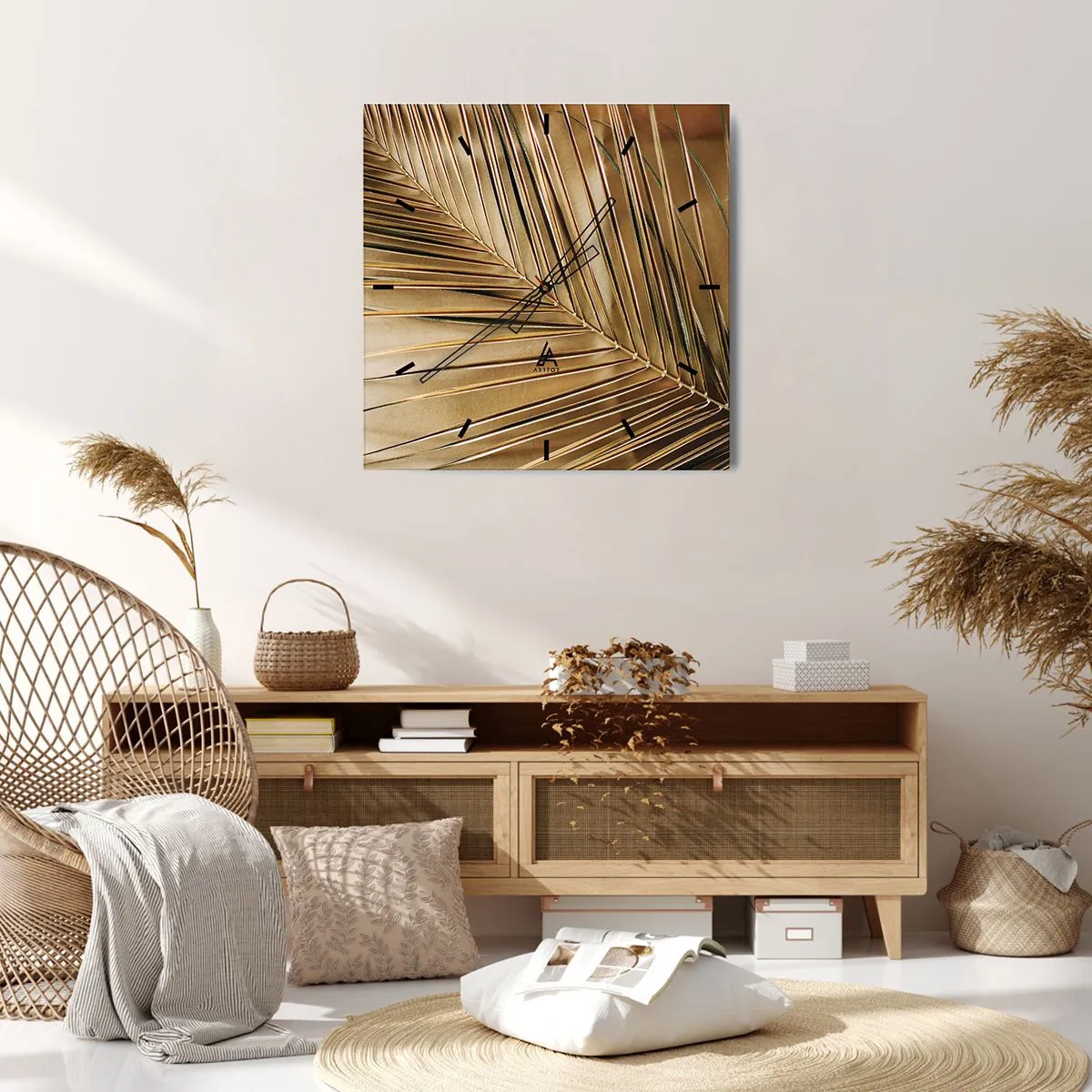 Zegar ścienny - Złota liść palmy na jednolitym tle - 30x30cm - Naturalna kolumnada - Nowoczesna dekoracja ścienna do salonu i sypialni ARTTOR