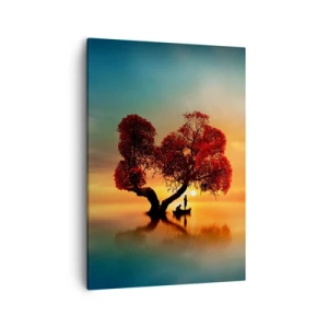Obraz na płótnie - Samotne drzewo o czerwonych liściach na wodzie o zachodzie słońca - 50x70cm - Oddaleńcy i ciszyzna bezświata - Nowoczesna dekoracja ścienna do salonu, kuchni i sypialni ARTTOR