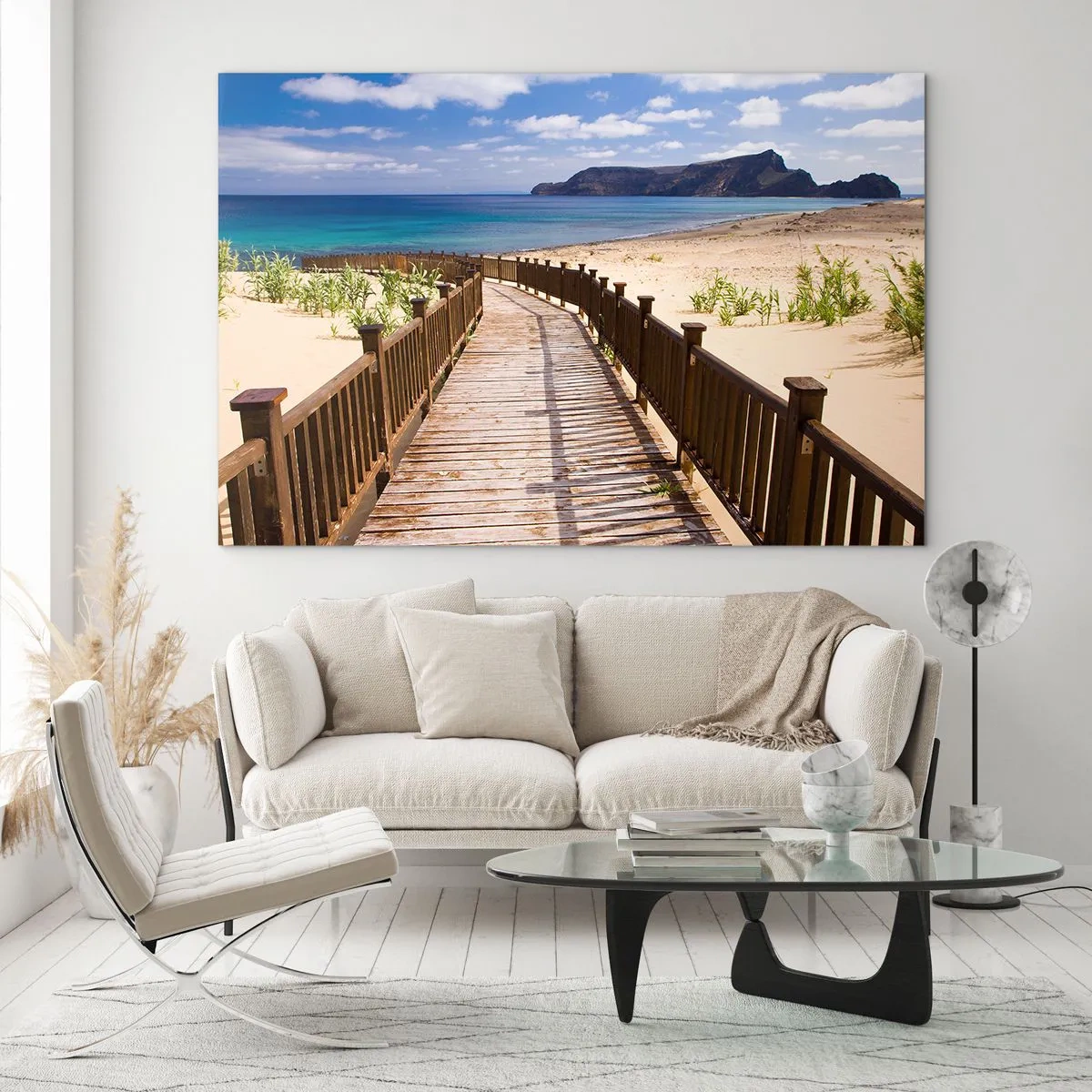 Obraz na szkle - Drewniana ścieżka na plaży prowadząca do morza - 120x80cm - Zabierz mnie na wyspy szczęśliwe - Nowoczesna dekoracja ścienna do salonu, kuchni i sypialni ARTTOR