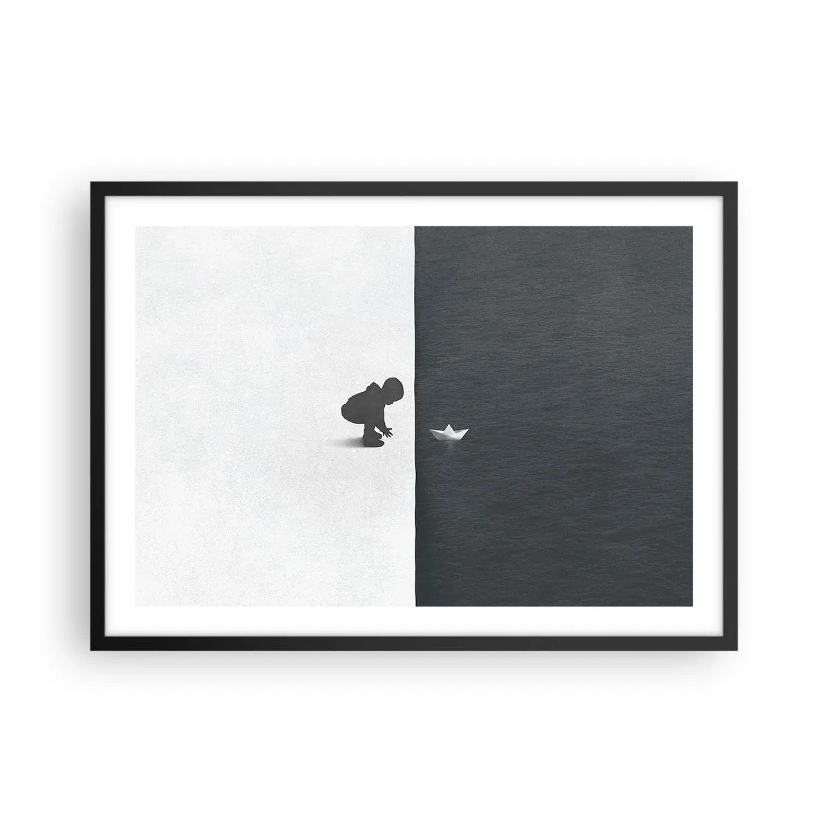 Plakat w czarnej ramie - Postać dziecka z papierową łódką na tle kontrastowych połówek - 70x50cm - Wielka wyprawa - Nowoczesna dekoracja ścienna do salonu i sypialni ARTTOR