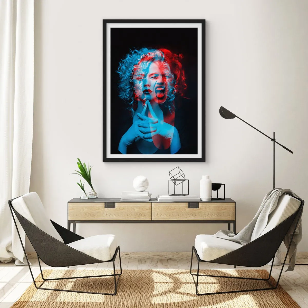 Plakat w czarnej ramie - Artystyczny portret kobiety w efektach 3D w czerwieni i błękicie - 50x70cm - Alter ego - Nowoczesna dekoracja ścienna do salonu i sypialni ARTTOR
