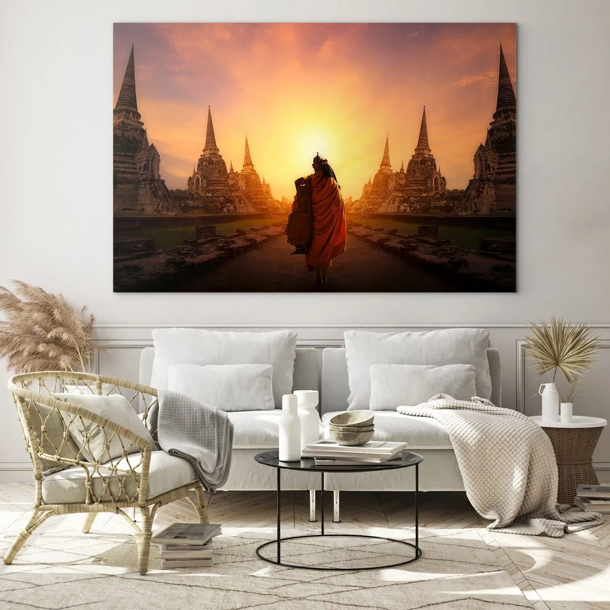 Obraz na szkle - Mnich na tle zachodzącego słońca i świątyń w Azji - 70x50cm - W spokoju przez wieczność - Nowoczesna dekoracja ścienna do salonu i sypialni ARTTOR
