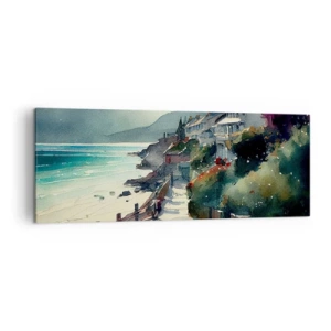 Obraz na płótnie - Nadmorska promenada z domami i roślinnością - 140x50cm - Śródziemnomorskie miasteczko - Nowoczesna dekoracja ścienna do salonu i sypialni ARTTOR