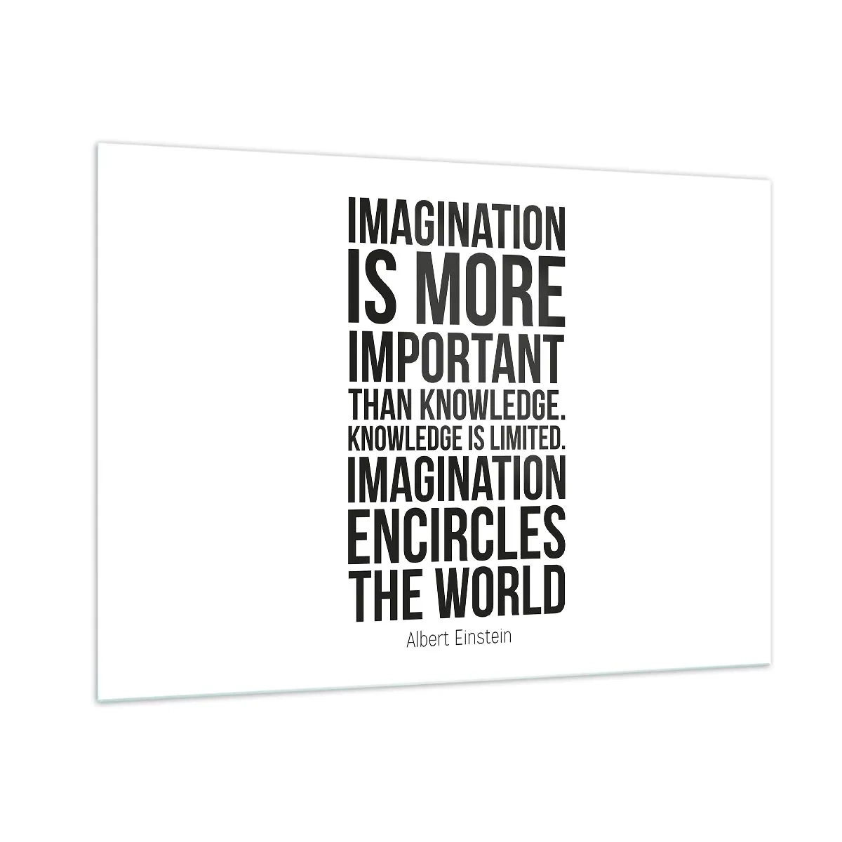 Obraz na szkle - Cytat o wyobraźni w minimalistycznej typografii - 100x70cm - Einstein o mocy wyobraźni - Nowoczesna dekoracja ścienna do salonu, kuchni i sypialni ARTTOR