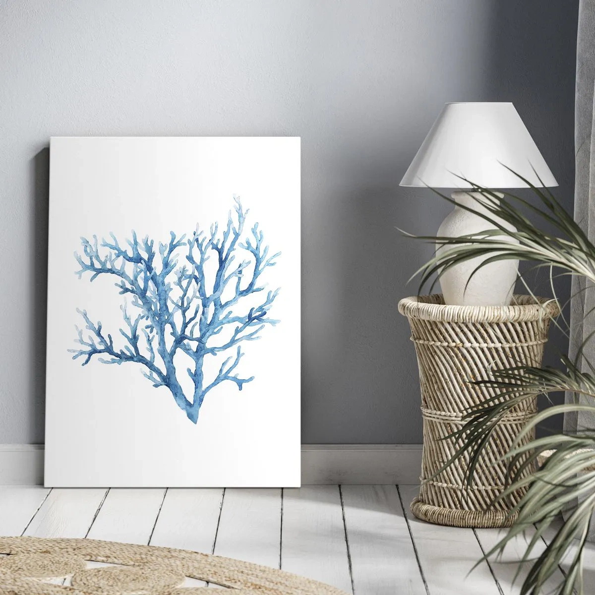 Obraz na płótnie - Akwarelowy rysunek błękitnego koralowca na jasnym tle - 50x70cm - Morski filigran - Nowoczesna dekoracja ścienna do salonu, kuchni i sypialni ARTTOR