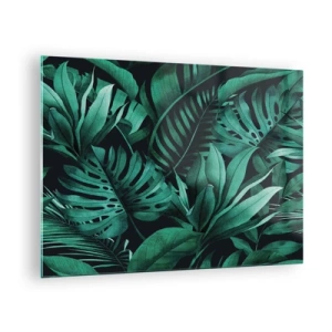 Obraz na szkle - Soczyste zielone liście w tropikalnej kompozycji - 70x50cm - Głębia tropikalnej zieleni - Nowoczesna dekoracja ścienna do salonu i sypialni ARTTOR