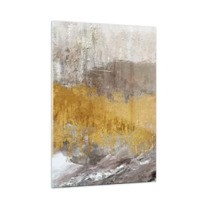 Obraz na szkle - Złote i ziemiste struktury tworzące dynamiczną abstrakcję - 50x70cm - Złocisty podmuch - Nowoczesna dekoracja ścienna do salonu, kuchni i sypialni ARTTOR