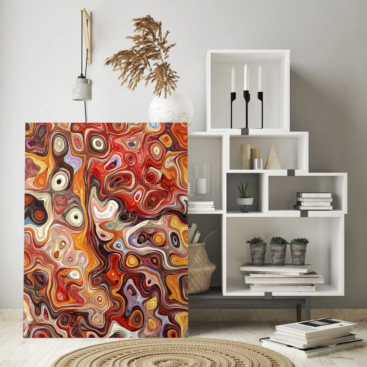 Obraz na szkle - Abstrakcyjna kompozycja w odcieniach pomarańczu i czerwieni - 50x70cm - Gdyby orzechy rozpływały się w miodzie - Nowoczesna dekoracja ścienna do salonu, kuchni i sypialni ARTTOR