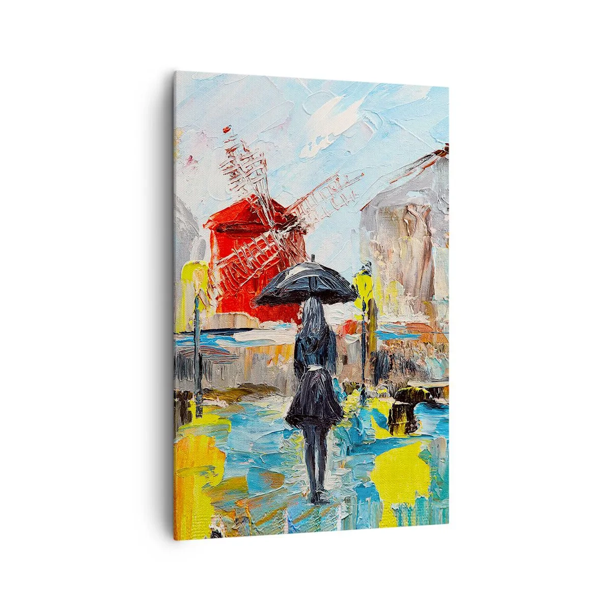 Obraz na płótnie - Malownicza scena z parasolem na tle Paryża w żywych kolorach - 80x120cm - Paryskie legendy - Nowoczesna dekoracja ścienna do salonu i sypialni ARTTOR
