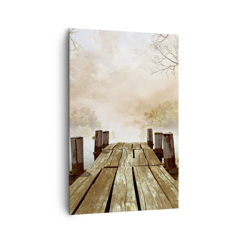 Obraz na płótnie - Drewniane molo prowadzące na spokojne jezioro w porannej mgle - 80x120cm - Łagodny smutek jesieni - Nowoczesna dekoracja ścienna do salonu i sypialni ARTTOR