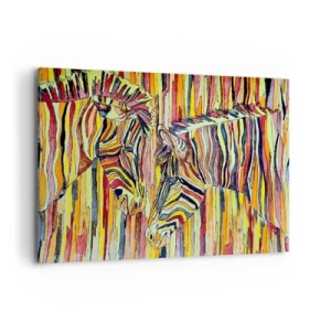 Obraz na płótnie - Kolorowe zebry na tle abstrakcyjnych pasów - 120x80cm - A więc ty też… - Nowoczesna dekoracja ścienna do salonu, kuchni i sypialni ARTTOR