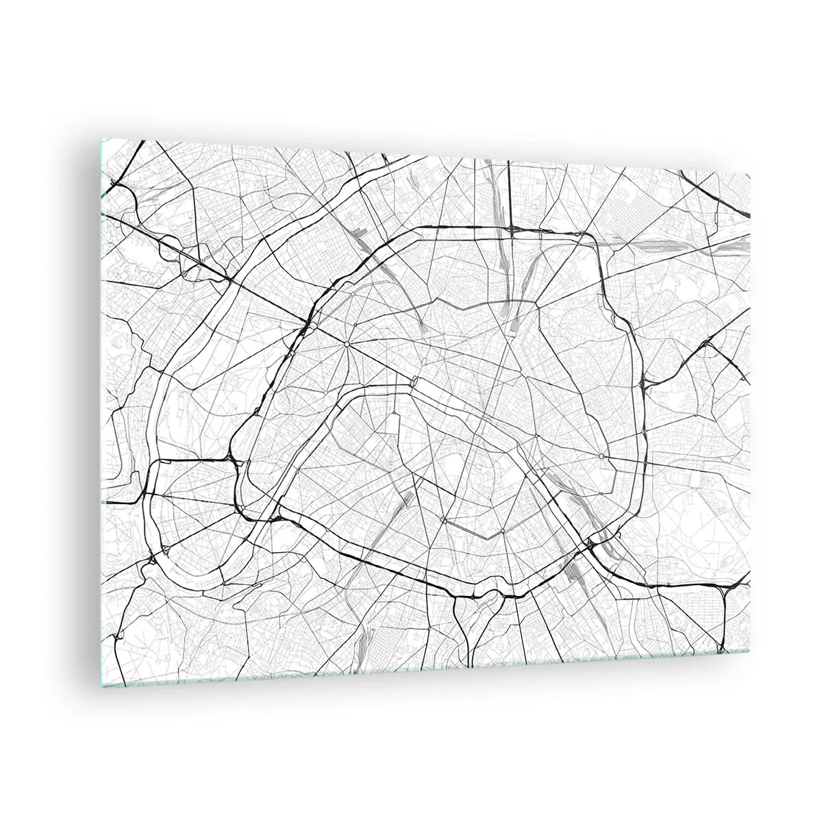 Obraz na szkle - Czarno-biała mapa miasta z siatką ulic i okrężnymi arteriami - 70x50cm - Kwiat Paryża - Nowoczesna dekoracja ścienna do salonu i sypialni ARTTOR