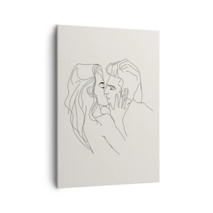 Obraz na płótnie - Minimalistyczna grafika pary w pocałunku, rysunek liniowy - 50x70cm - Splątani uczuciem - Nowoczesna dekoracja ścienna do salonu, kuchni i sypialni ARTTOR
