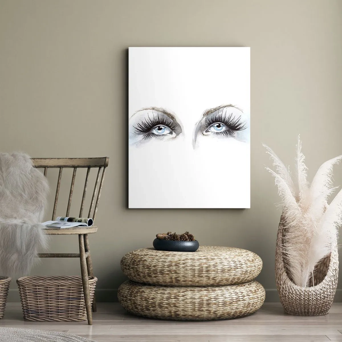 Obraz na płótnie - Wzrok kobiety z wyraźnym akcentem na oczy w artystycznym rysunku - 50x70cm - Oczy anioła? - Nowoczesna dekoracja ścienna do salonu, kuchni i sypialni ARTTOR