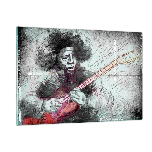 Obraz na szkle - Artystyczny portret muzyka z gitarą elektryczną - 120x80cm - Na falach muzyki - Nowoczesna dekoracja ścienna do salonu, kuchni i sypialni ARTTOR