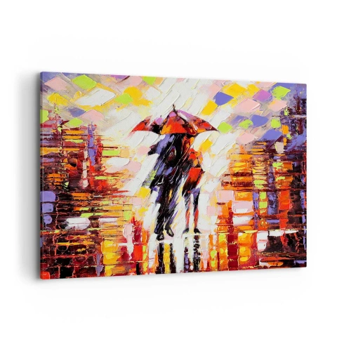 Obraz na płótnie - Abstrakcyjna scena spaceru pod parasolem w deszczową noc - 100x70cm - Razem przez noc i deszcz - Nowoczesna dekoracja ścienna do salonu, kuchni i sypialni ARTTOR