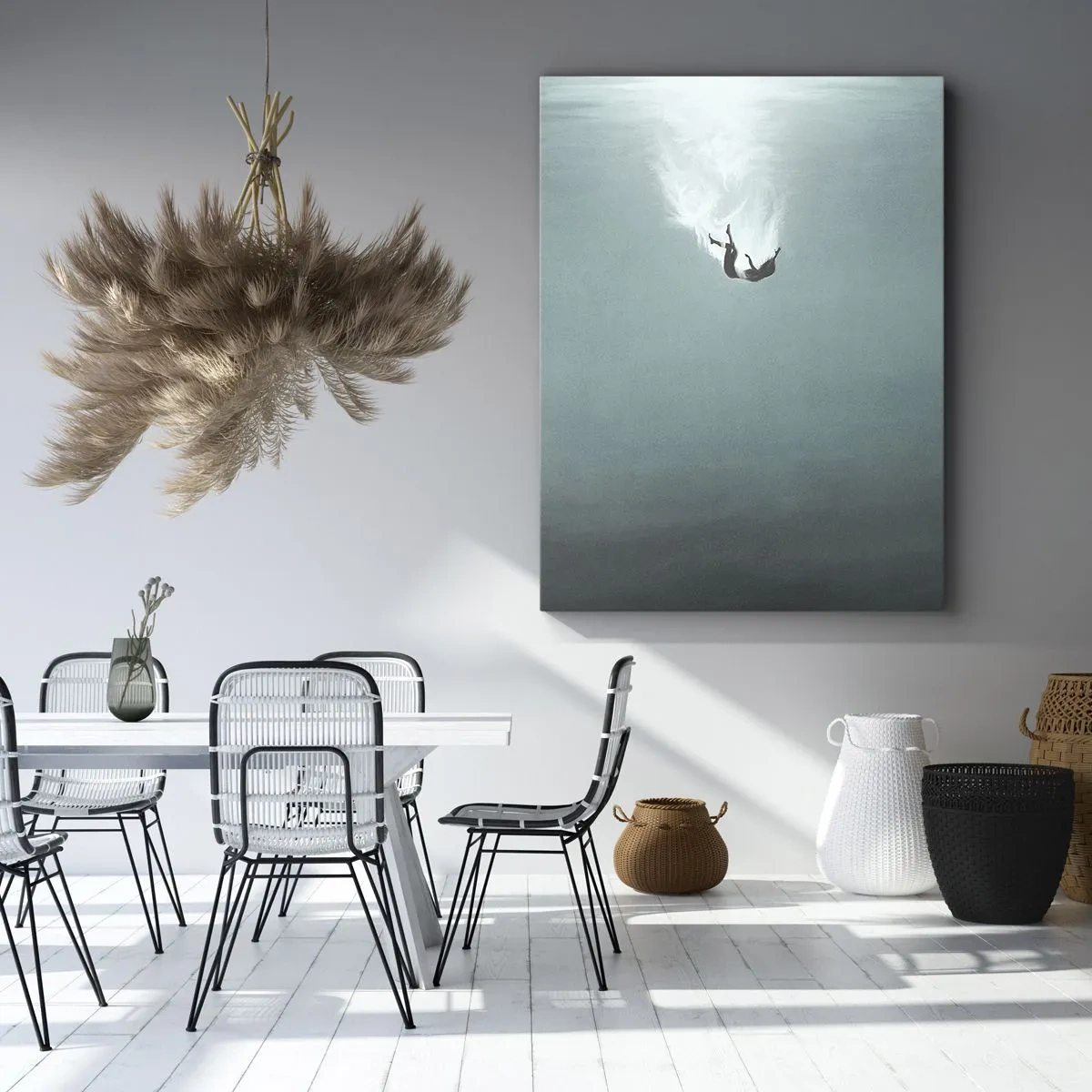 Obraz na płótnie - Postać opadająca w głębiny oceanu w otoczeniu spokojnej wody - 50x70cm - W objęciach oceanu - Nowoczesna dekoracja ścienna do salonu, kuchni i sypialni ARTTOR
