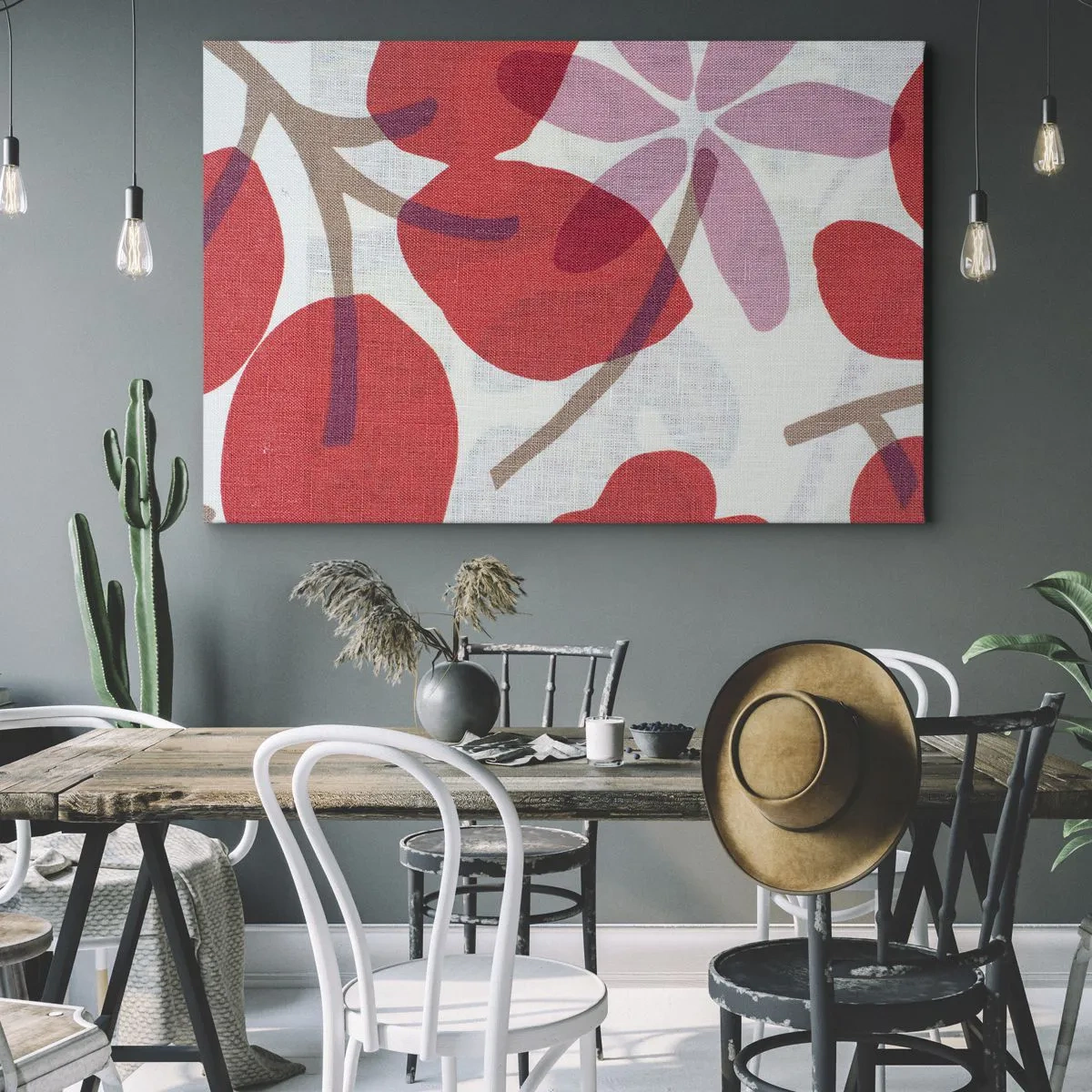 Obraz na płótnie - Kwiaty i liście w odcieniach czerwieni i różu - 70x50cm - Kompozycja kwiatowa w różu - Nowoczesna dekoracja ścienna do salonu i sypialni ARTTOR