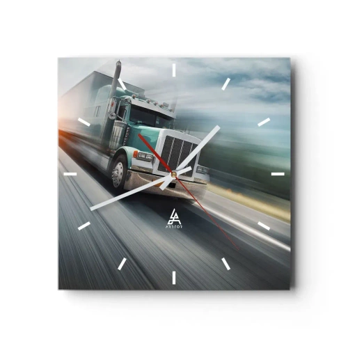 Zegar ścienny - Ciężarówka na autostradzie w ruchu przy zachodzie słońca - 30x30cm - Amerykański olbrzym w pędzie - Nowoczesna dekoracja ścienna do salonu i sypialni ARTTOR