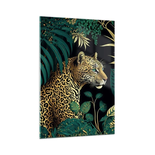 Obraz na szkle - Leopard w tropikalnych liściach na czarnym tle - 70x100cm - Gospodarz w dżungli - Nowoczesna dekoracja ścienna do salonu i sypialni ARTTOR