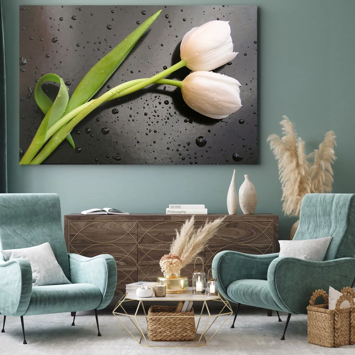 Obraz na płótnie - Białe tulipany na tle czarnym z kroplami wody - 120x80cm - Wiosenny splot - Nowoczesna dekoracja ścienna do salonu, kuchni i sypialni ARTTOR