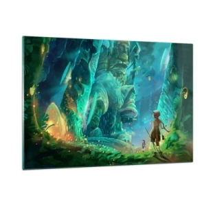 Obraz na szkle - Fantastyczny krajobraz z postacią i starożytnym posągiem w lesie - 120x80cm - Z wielkiej Księgi Baśni - Nowoczesna dekoracja ścienna do salonu, kuchni i sypialni ARTTOR