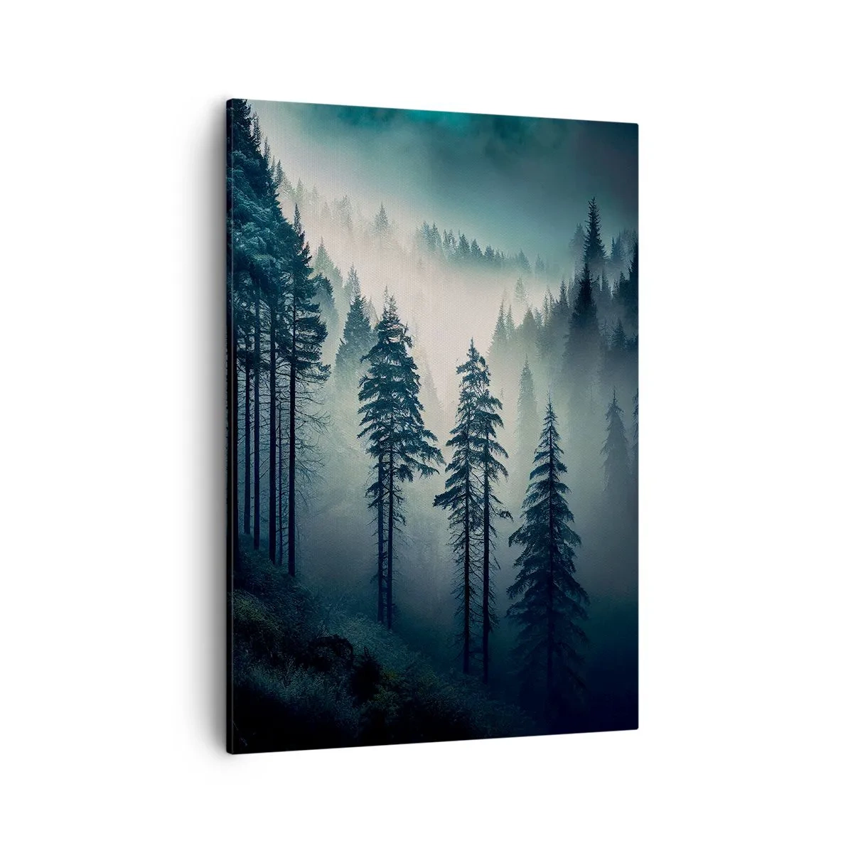Obraz na płótnie - Górski las spowity mgłą w odcieniach niebieskiego i zieleni - 50x70cm - Górski poranek - Nowoczesna dekoracja ścienna do salonu, kuchni i sypialni ARTTOR