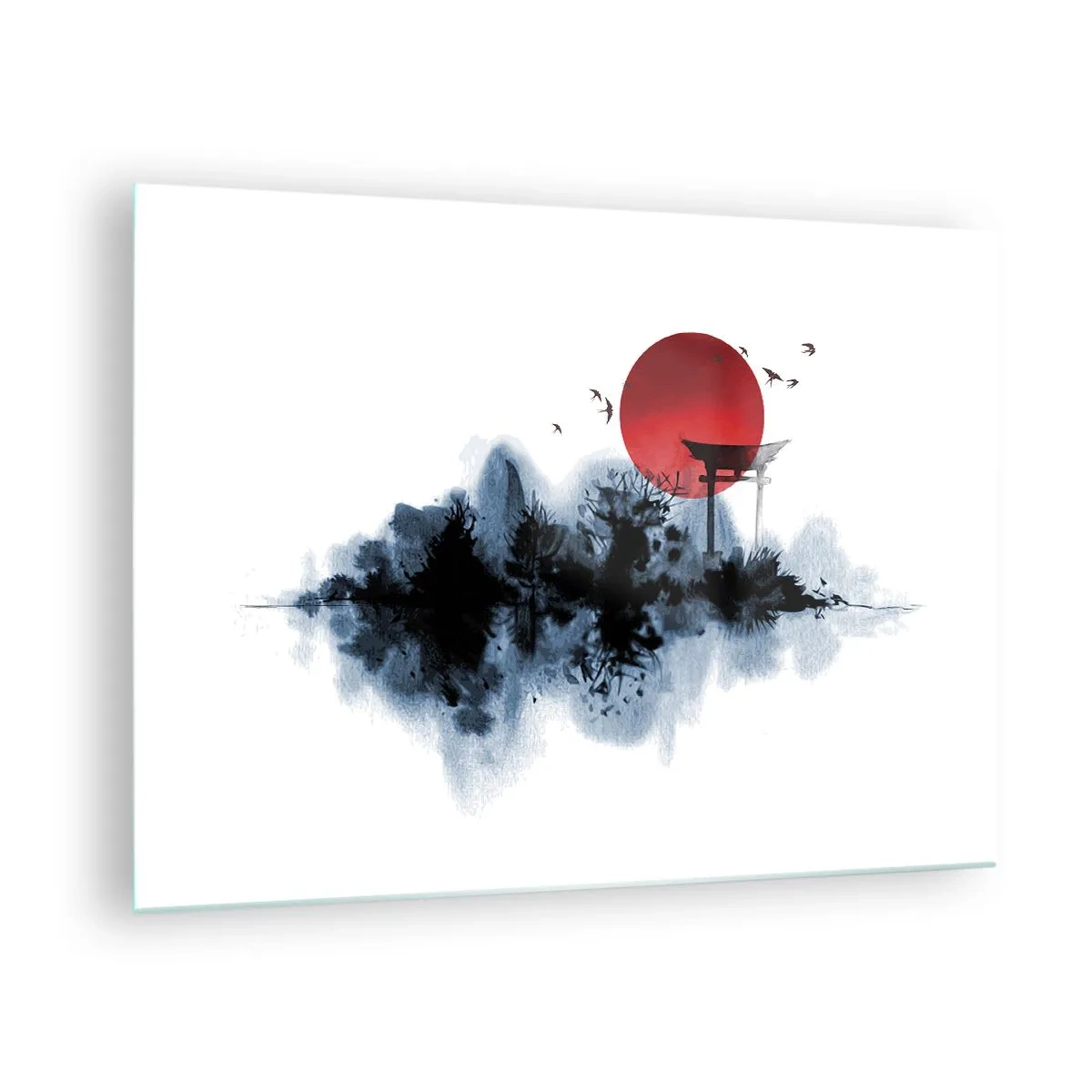 Obraz na szkle - Minimalistyczny krajobraz z bramą torii i czerwonym słońcem - 70x50cm - Japoński widok - Nowoczesna dekoracja ścienna do salonu i sypialni ARTTOR