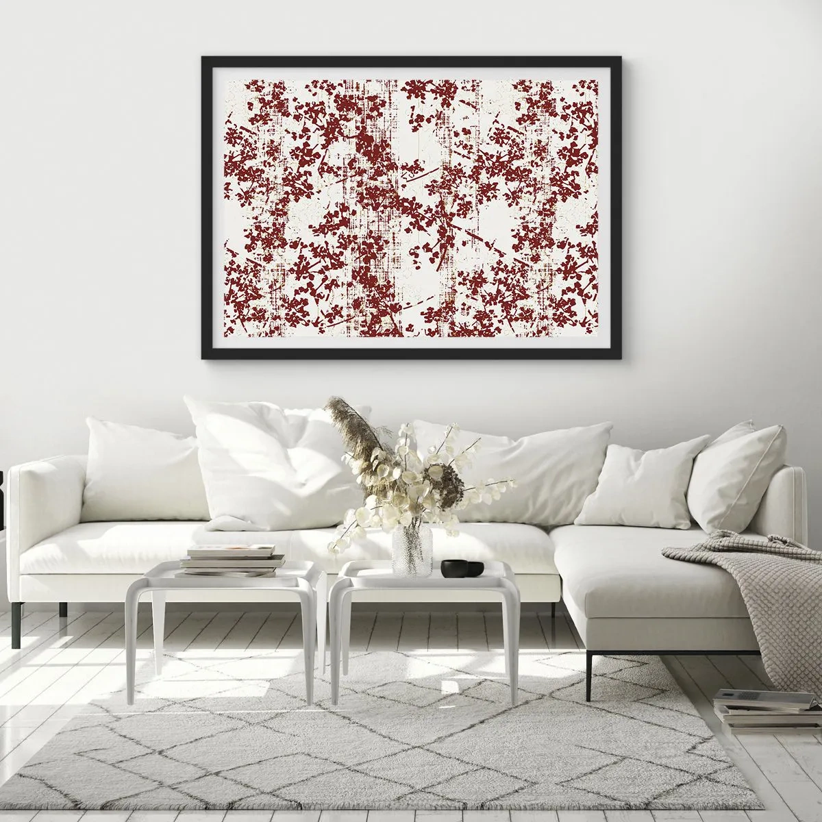 Plakat w czarnej ramie - Czerwone kwiaty na białym tle w artystycznym stylu - 70x50cm - Jak dawny perkalik - Nowoczesna dekoracja ścienna do salonu i sypialni ARTTOR
