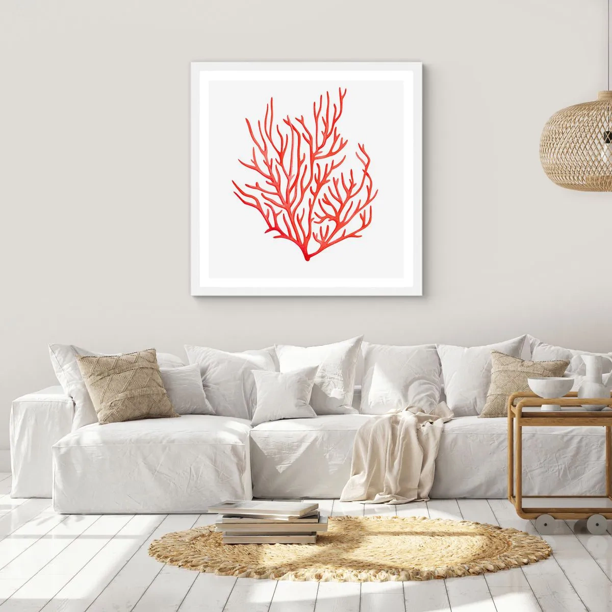 Plakat w białej ramie - Koralowy filigran - 40x40 cm