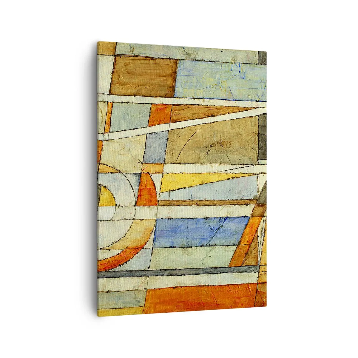 Obraz na płótnie - Geometryczna abstrakcja w odcieniach beżu, błękitu i pomarańczy - 70x100cm - Kubizm na budowie - Nowoczesna dekoracja ścienna do salonu i sypialni ARTTOR