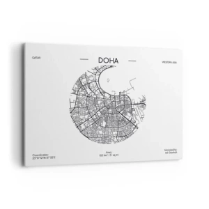 Obraz na płótnie - Minimalistyczna mapa Dohy w czarno-białej kolorystyce z precyzyjnymi detalami - 100x70cm - Anatomia Dohy - Nowoczesna dekoracja ścienna do salonu, kuchni i sypialni ARTTOR