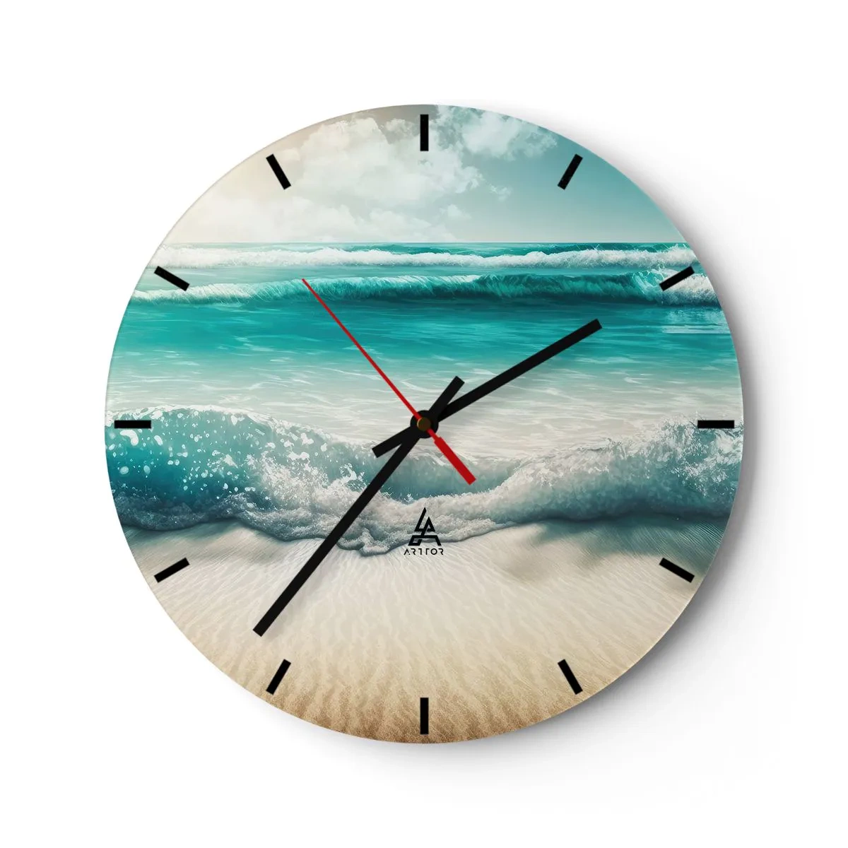 Zegar ścienny - Turkusowe fale rozbijające się o piaszczystą plażę - 30x30cm - Spokój oceanu - Nowoczesna dekoracja ścienna do salonu, kuchni i sypialni ARTTOR