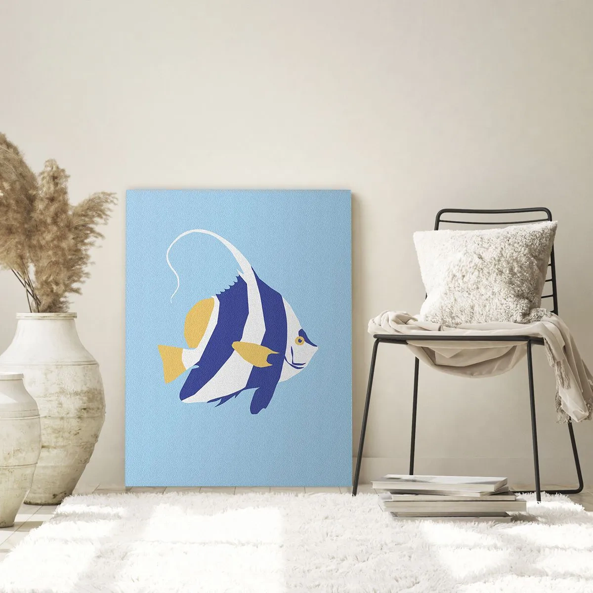 Obraz na szkle - Minimalistyczna ilustracja ryby tropikalnej na błękitnym tle - 80x120cm - Miss tropikalnych wód - Nowoczesna dekoracja ścienna do salonu i sypialni ARTTOR