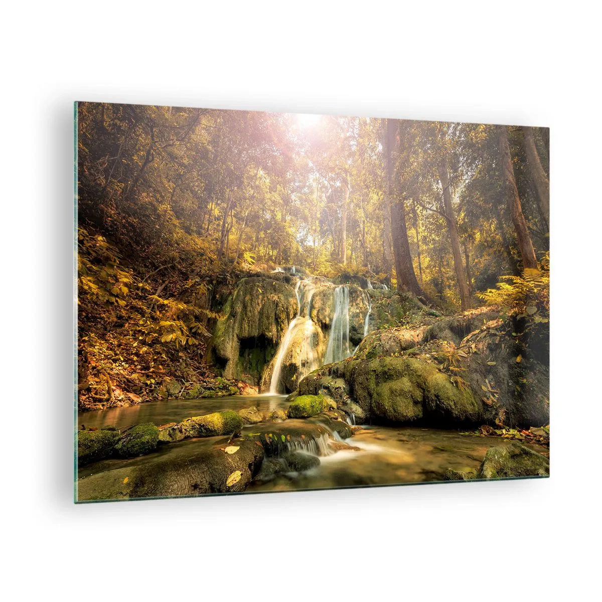Obraz na szkle - Leśna kaskada w zieleni - 70x50cm - Leśna kaskada w zieleni - Nowoczesna dekoracja ścienna do salonu i sypialni ARTTOR