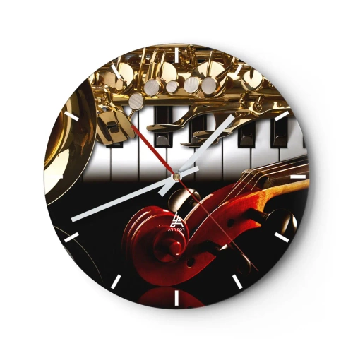 Zegar ścienny - Kompozycja instrumentów muzycznych na tle klawiatury - 30x30cm - Blacha, drewno i kość słoniowa - Nowoczesna dekoracja ścienna do salonu, kuchni i sypialni ARTTOR