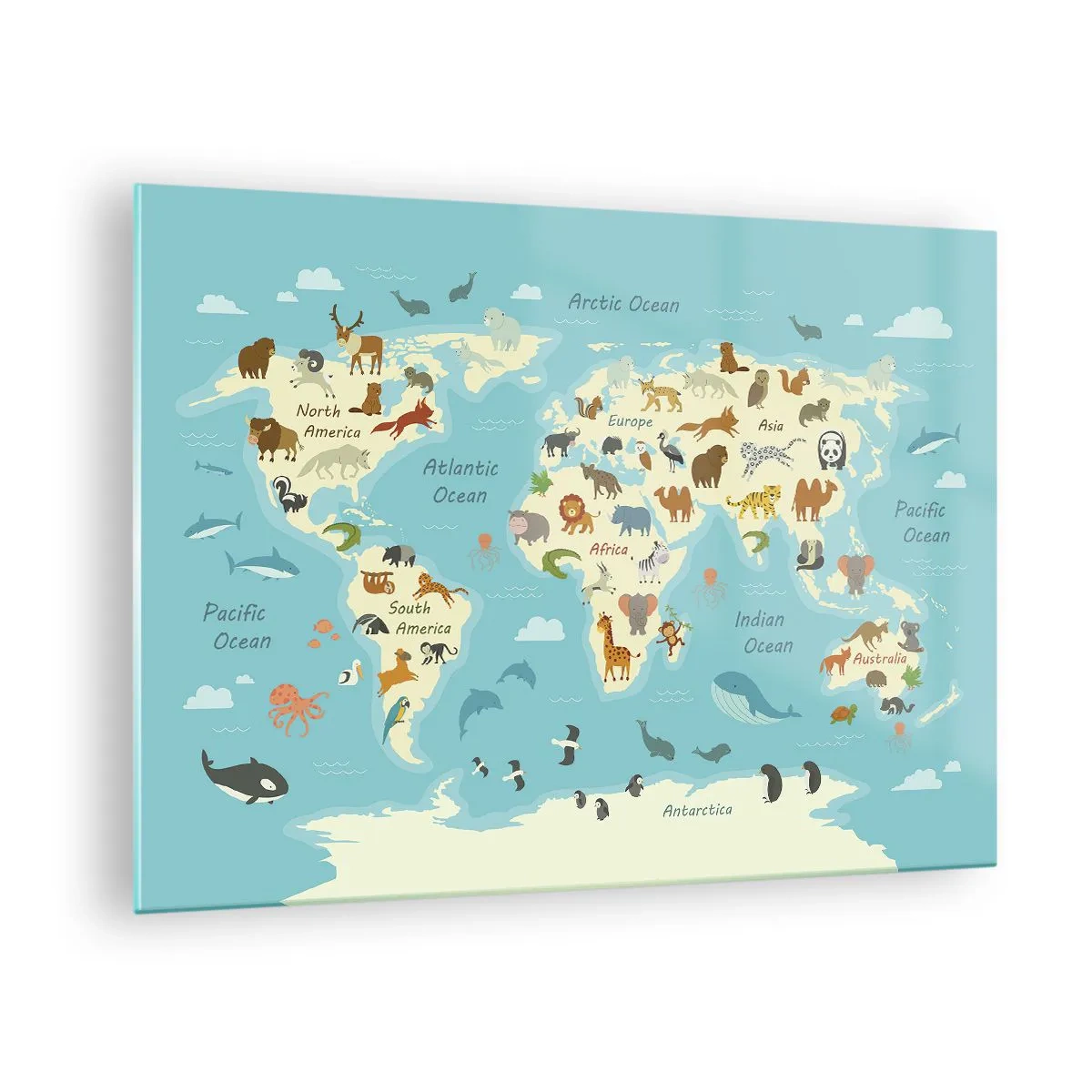 Obraz na szkle - Kolorowa mapa świata z ilustracjami zwierząt z różnych kontynentów - 70x50cm - Dobrzy sąsiedzi - Nowoczesna dekoracja ścienna do salonu i sypialni ARTTOR