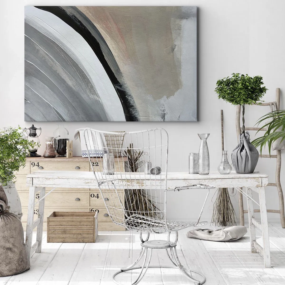 Obraz na płótnie - Abstrakcyjny łuk w odcieniach czerni, szarości i beżu - 120x80cm - Kompozycja: łuk czerni i szarości - Nowoczesna dekoracja ścienna do salonu, kuchni i sypialni ARTTOR