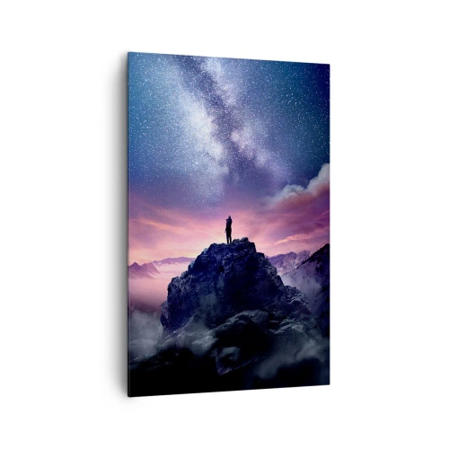 Obraz na płótnie - Sylwetka osoby stojącej na szczycie góry pod gwiaździstym niebem - 80x120cm - I poczuł życie - Nowoczesna dekoracja ścienna do salonu i sypialni ARTTOR