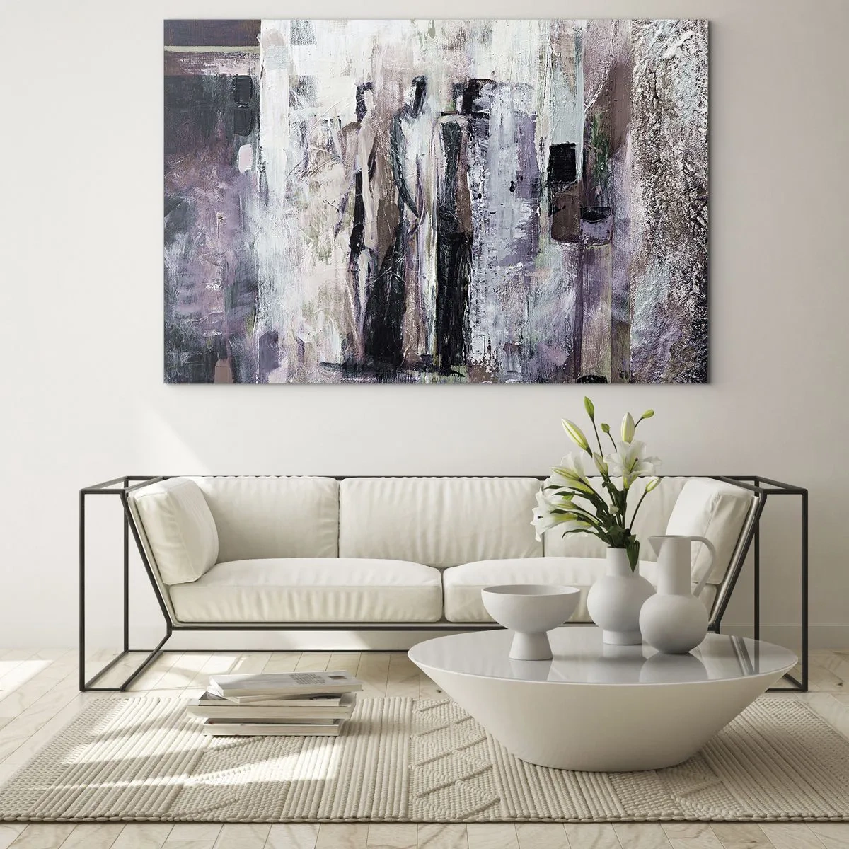 Obraz na szkle - Abstrakcyjne sylwetki postaci na tle w fakturze farby - 70x50cm - Tajemnicza trójka - Nowoczesna dekoracja ścienna do salonu i sypialni ARTTOR