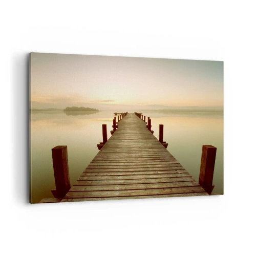 Obraz na płótnie - Drewniany pomost na spokojnym jeziorze o poranku - 100x70cm - Przedświt, świtanie, światło - Nowoczesna dekoracja ścienna do salonu, kuchni i sypialni ARTTOR