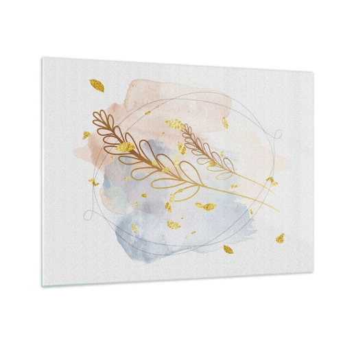 Obraz na szkle - Delikatna kompozycja z gałązkami i złotymi liśćmi na akwareli - 70x50cm - Złoty podmuch - Nowoczesna dekoracja ścienna do salonu i sypialni ARTTOR