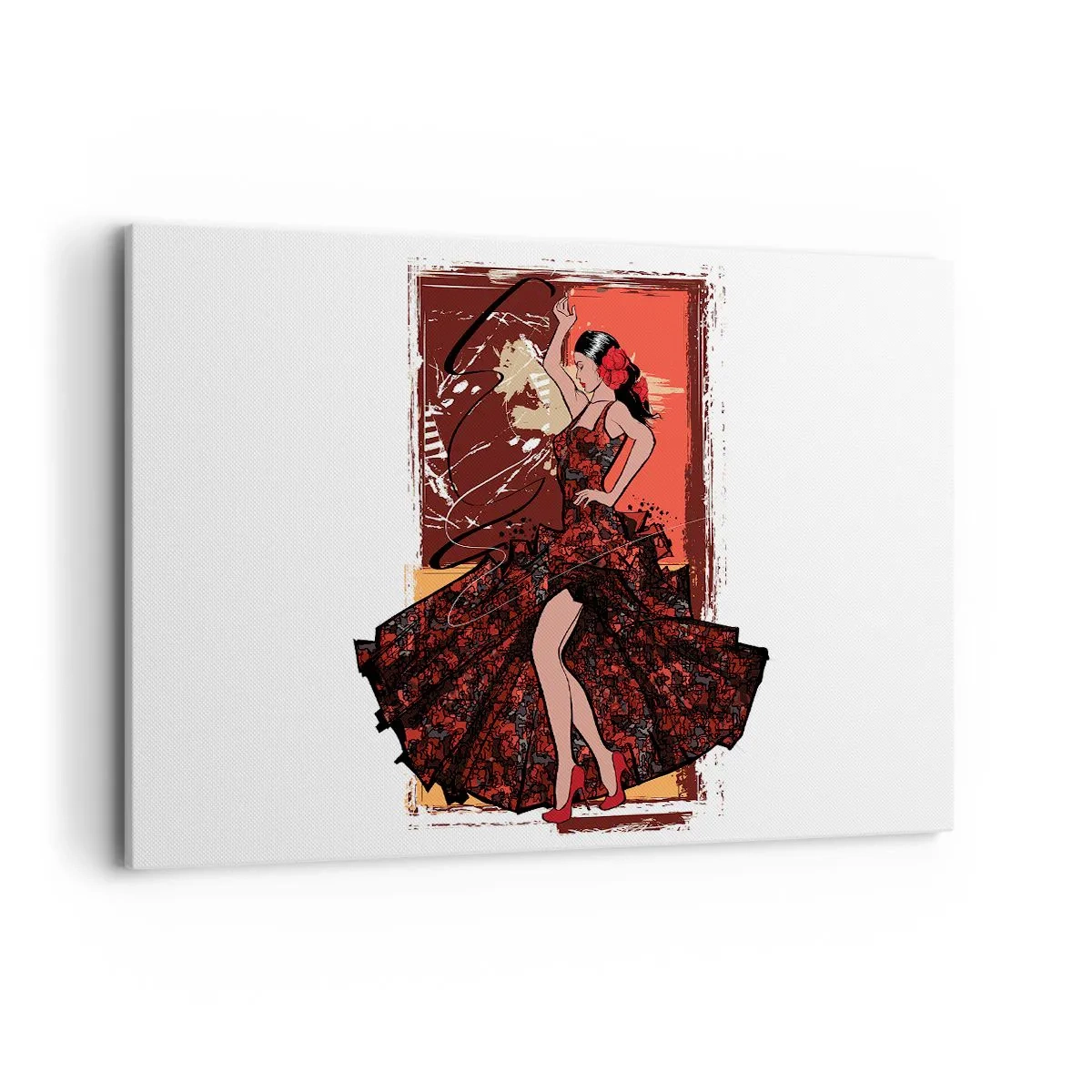 Obraz na płótnie - Tancerka w czerwono-czarnej sukni na artystycznym tle - 120x80cm - W rytmie serca - Nowoczesna dekoracja ścienna do salonu, kuchni i sypialni ARTTOR