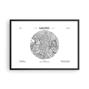 Plakat w czarnej ramie - Mapa Madrytu w minimalistycznym, czarno-białym stylu - 70x50cm - Anatomia Madrytu - Nowoczesna dekoracja ścienna do salonu i sypialni ARTTOR